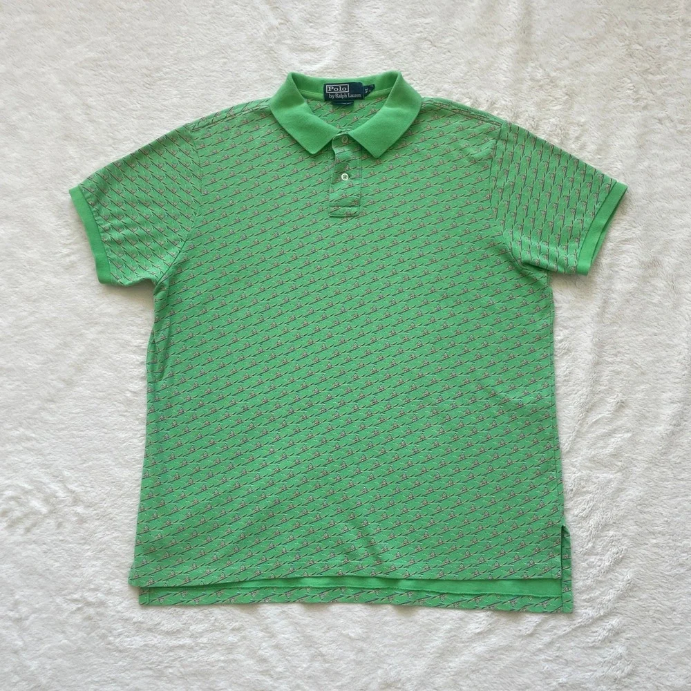 Vintage Polo Ralph Lauren Green Rowing Crew Custom Fit All Over Print Size XL